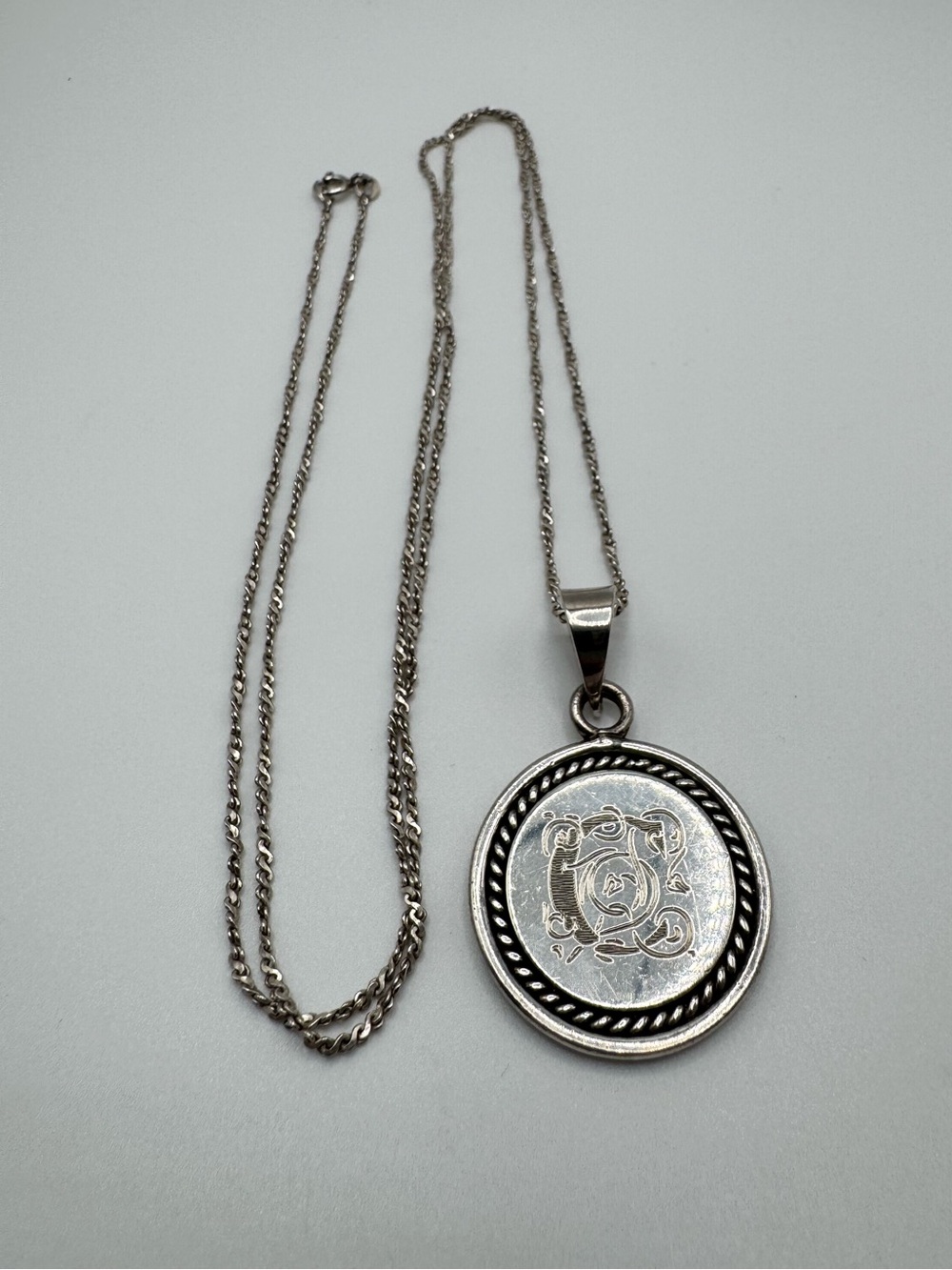 Sterling Silver 925 Long Chain C Initial Medallion Pendant Necklace